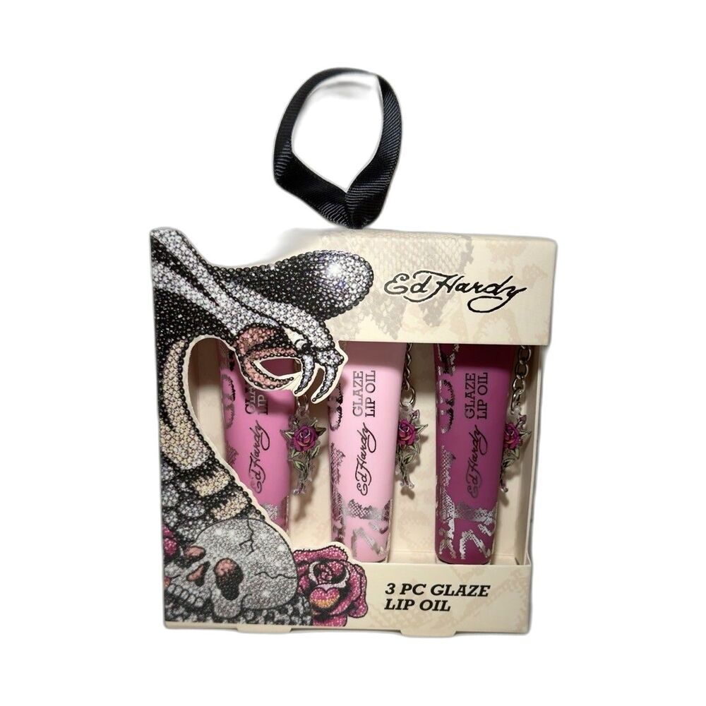 Ed Hardy Glaze Lip Oil 3 Pc Set Pink/Purple Sheer lip gloss 0.51 fl oz Each NWT